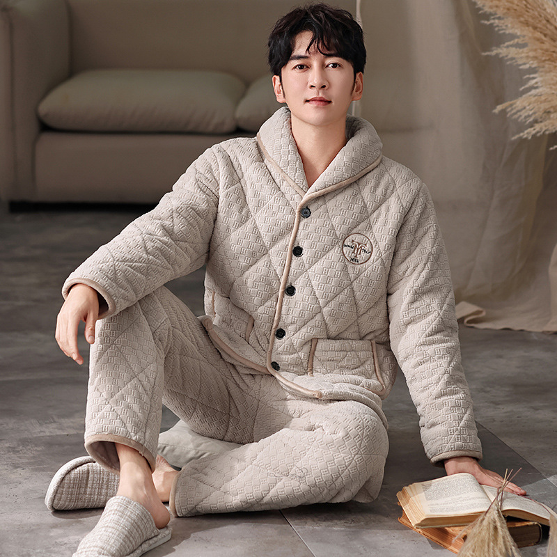 睡衣男士冬季三层加厚珊瑚绒夹棉保暖加绒法兰绒可外穿家居服套装