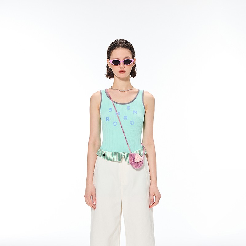 SHRO ENRO 夏季毛巾绣针织背心 撞色印花复古SE23SB038