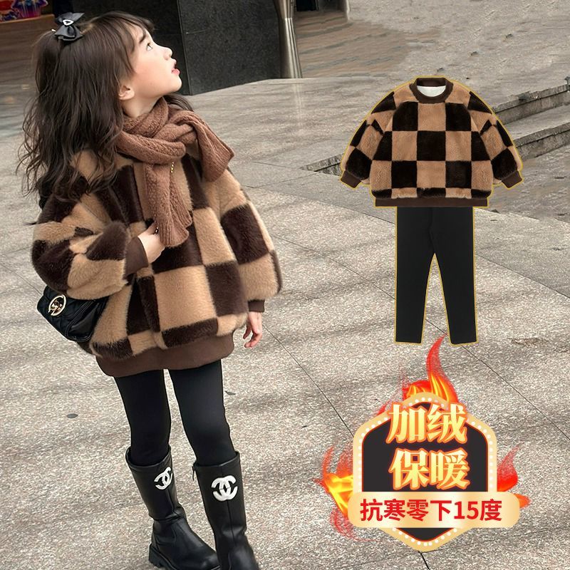 女童加绒套装2023新款秋冬季女宝宝绒绒上衣网红两件装毛毛衣新款