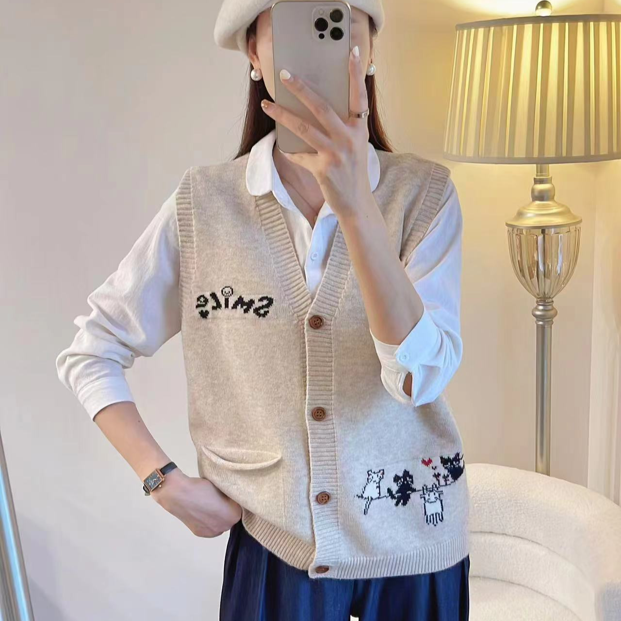 卡通提花针织开衫马甲女士春秋2025V领宽松百搭毛线无袖毛衣坎肩