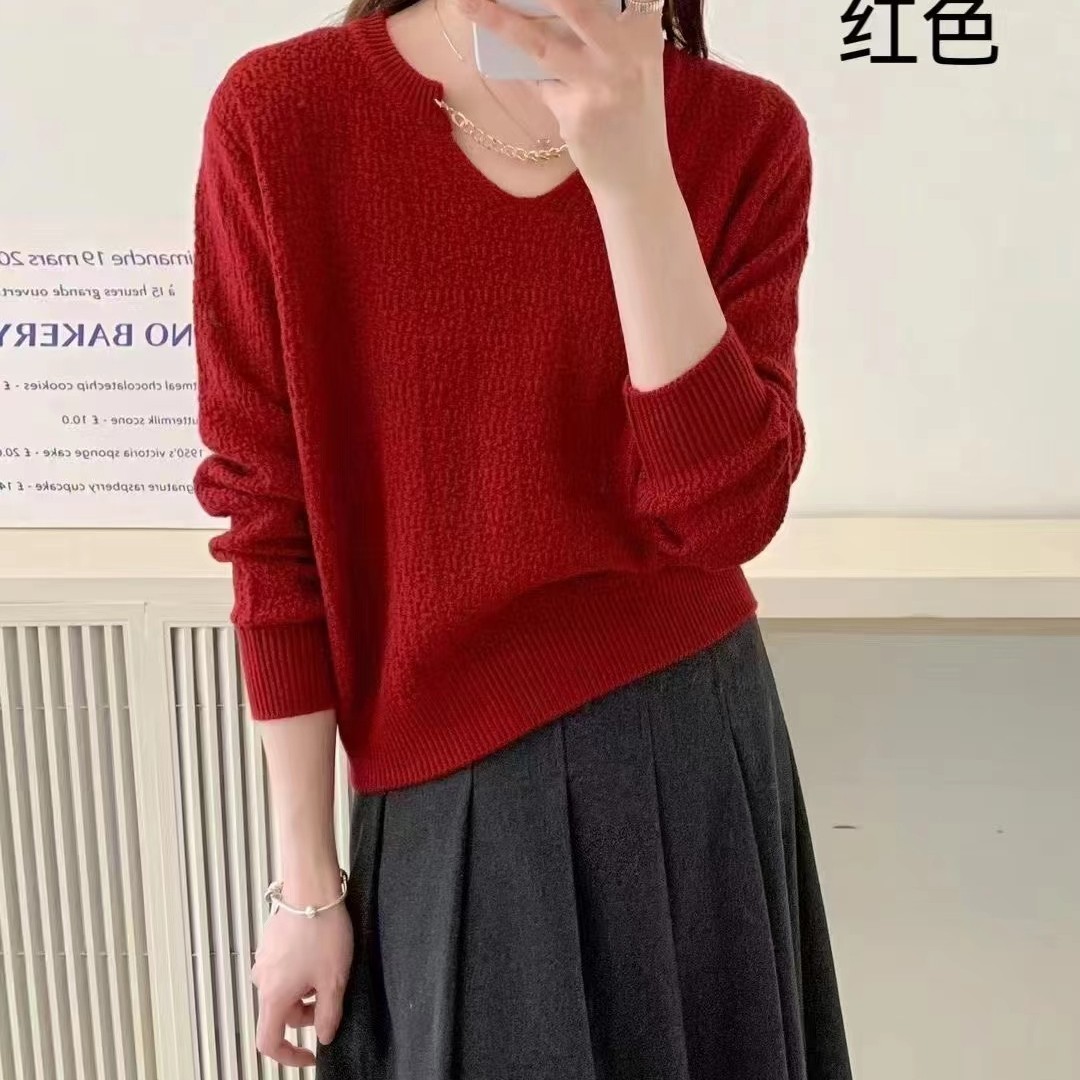 链条拼接树皮V领针织衫女秋冬时尚新款韩系毛衣气质长袖套头上衣