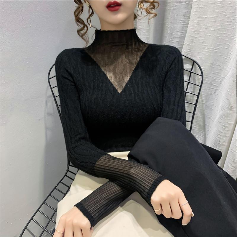 蕾丝拼接半高领套头毛衣女秋冬欧货树皮提花针织衫修身内搭打底衫