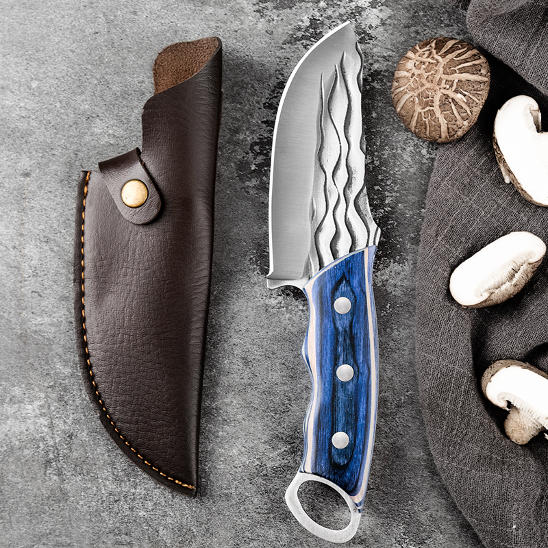 手工户外野营便携多功能锻打指环小刀手把肉刀不锈钢剥皮斩切锋利