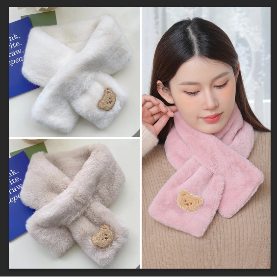 小熊围脖冬季新款韩版可爱凤加厚保暖仿兔毛百搭护颈毛绒交叉围巾