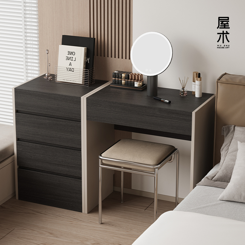 实木梳妆台意式极简卧室小型化妆桌现代简约烟熏木收纳化妆柜