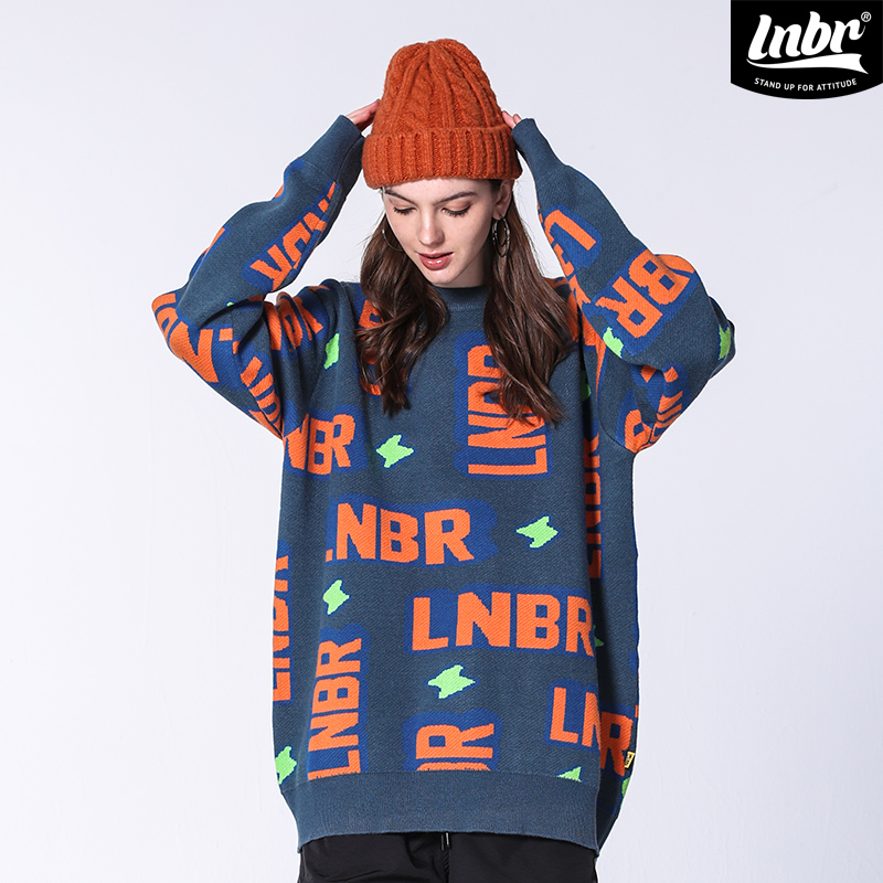 LNBR熊電宽松满印字母针织衫美式街头潮流慵懒风毛衣休闲百搭大码