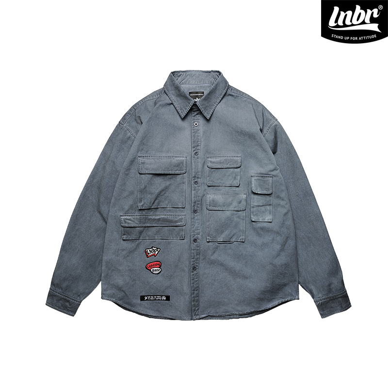 LNBR2022SS复古纯色宽松休闲长袖衬衫男潮牌工装衬衣春外套