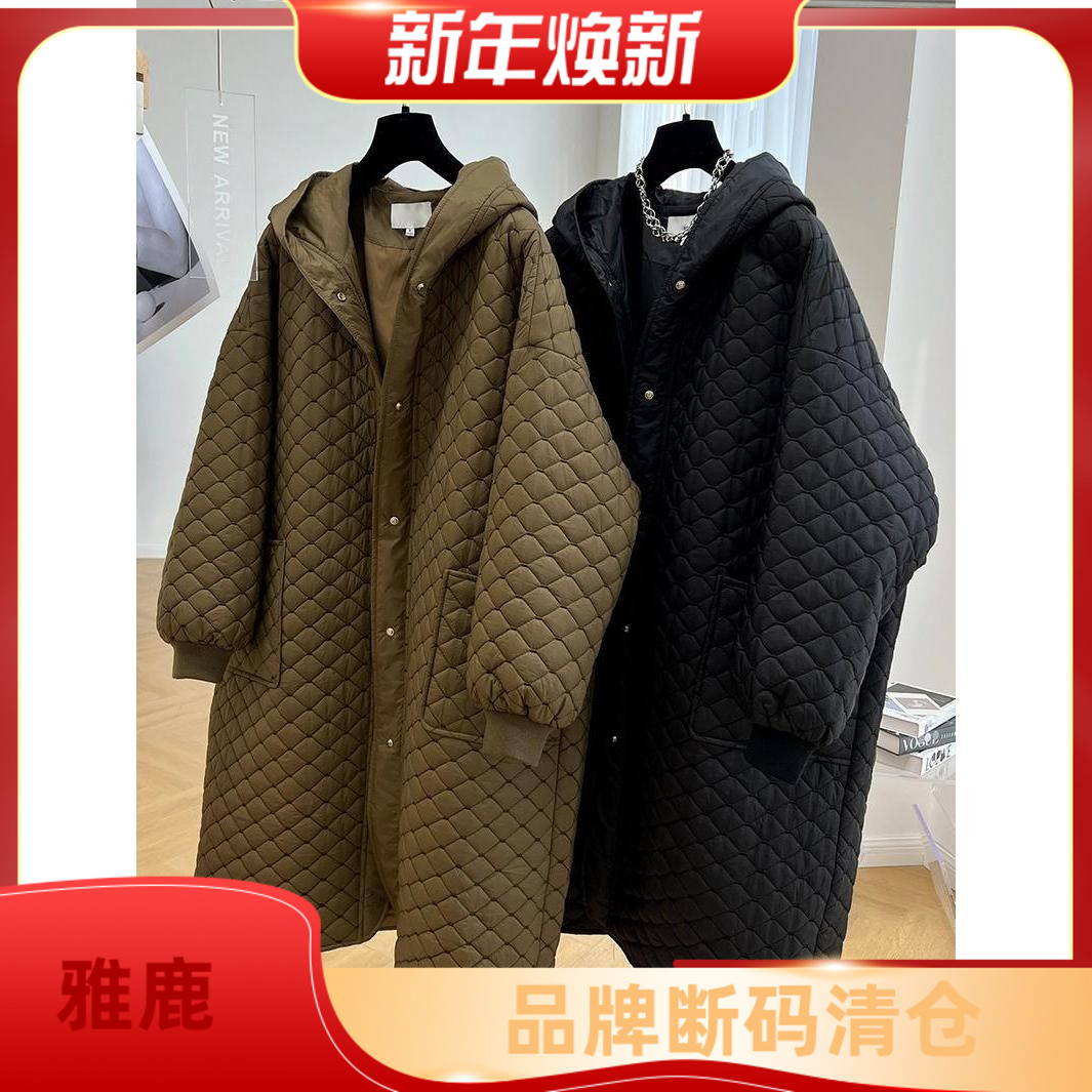 雅鹿特大码300斤胖连帽中长款廓形羽绒服女秋冬新款宽松欧货棉衣