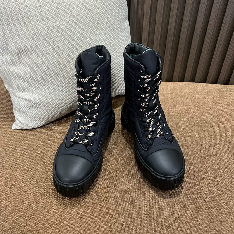 H高版本女士时尚系带厚底短靴马丁靴潮流百搭秋冬黑色真皮棉鞋