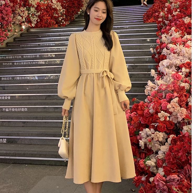 显瘦春秋收腰中长款裙子加厚假两件针织连衣裙女秋冬配大衣内搭毛