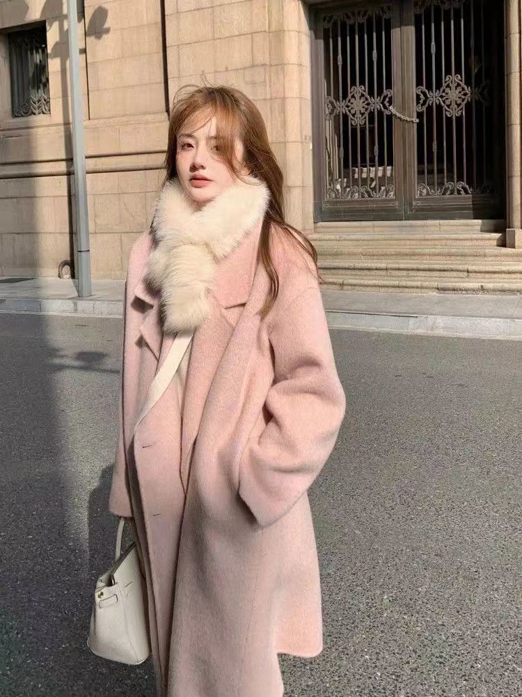 百搭双面羊绒大衣女粉色中长款冬季小个子加厚羊毛呢子长毛外套风