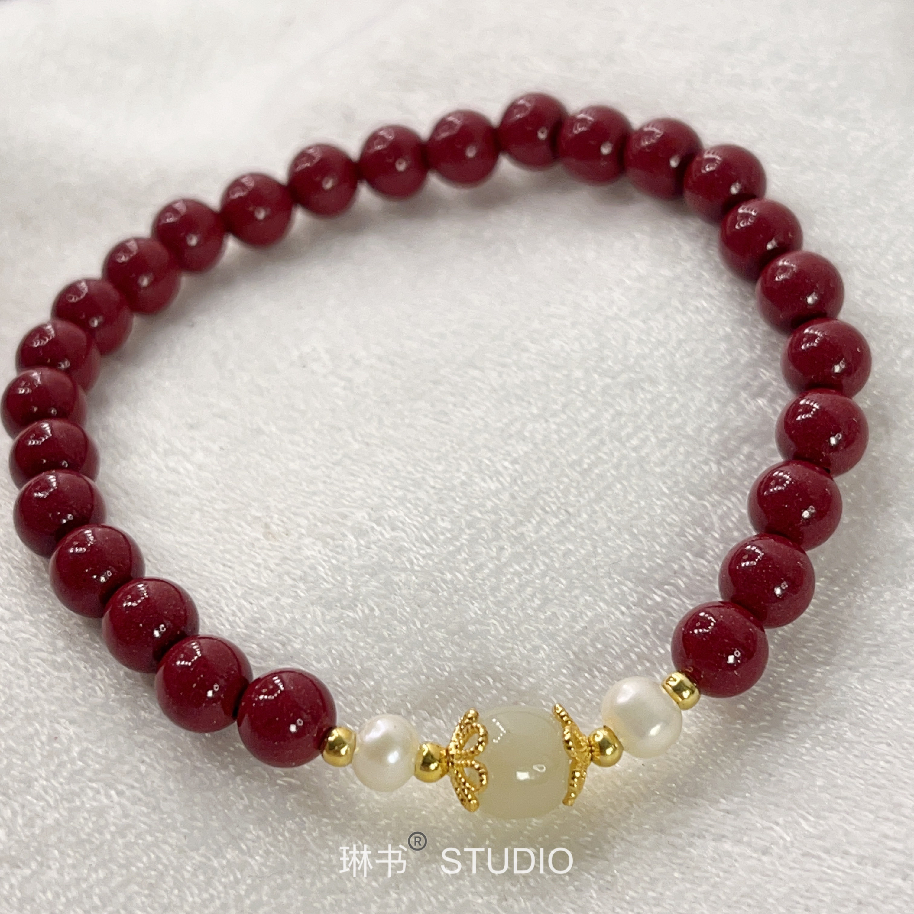 925银手链 红色手串6mm弹力绳