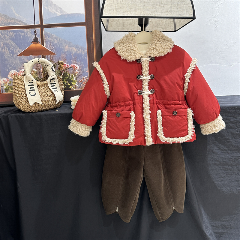 【现货】儿童棉袄新年红色毛毛拼接棉服冬季女童复古宽松设计感外套