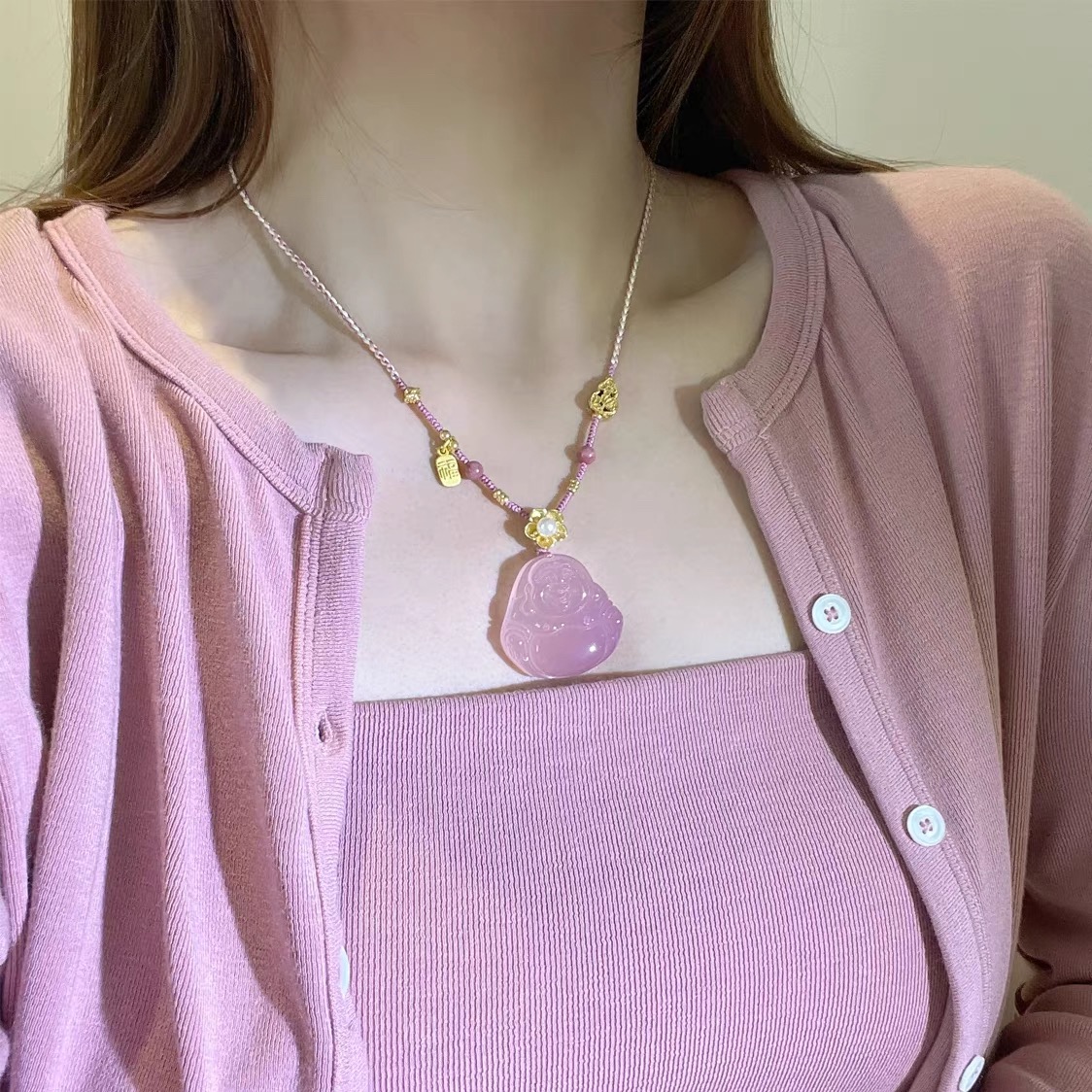 粉色佛公编绳项链