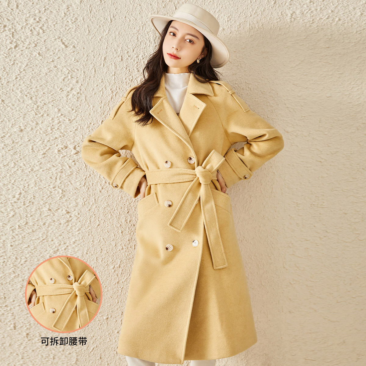 【白鹿语穿搭】冬款时尚可拆卸腰带宽松气质翻领大衣外套女WBX36070