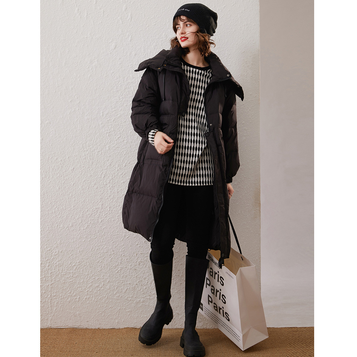 白鹿语休闲纯色可拆卸帽长款鸭绒保暖热力感羽绒服外套女WBX36037