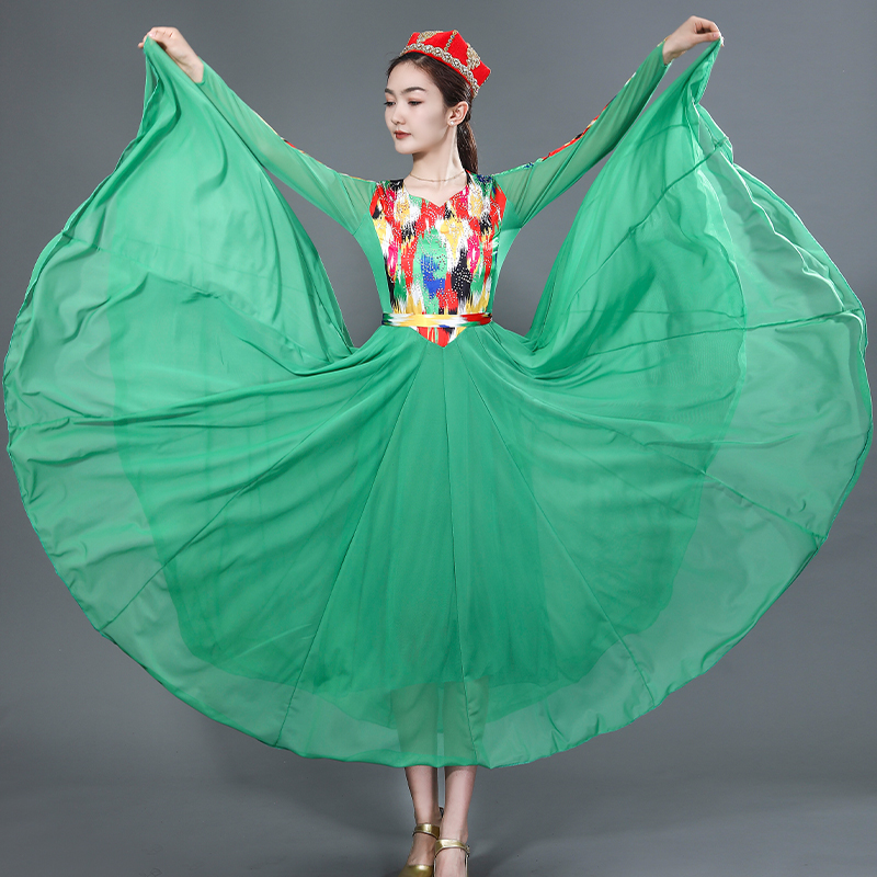 新疆舞大摆连衣裙720度跳舞显瘦气质薄款维吾族特色现货舞蹈服装