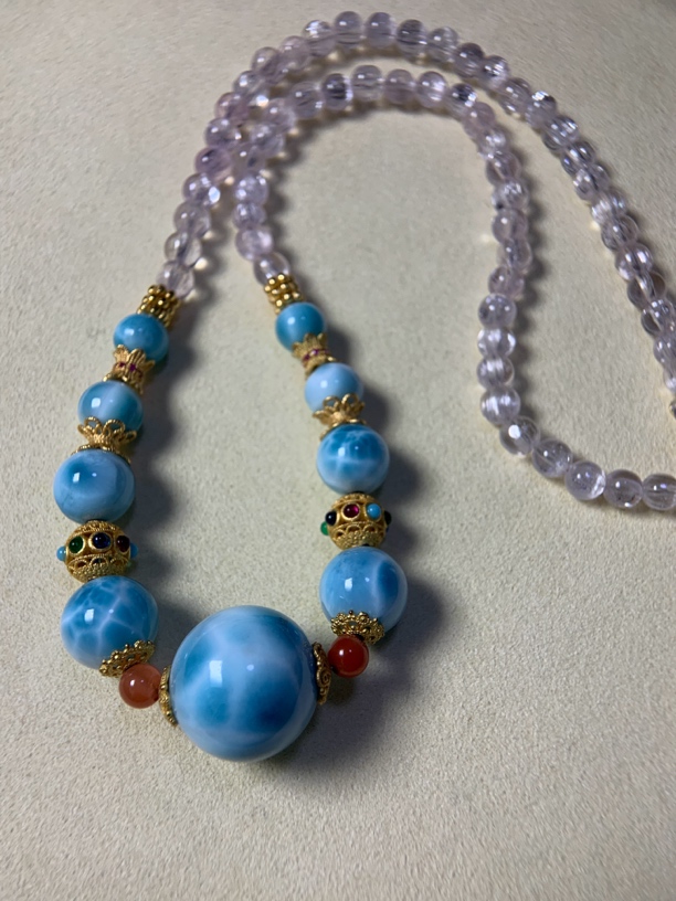 海纹石圆珠锁骨链项链搭拉丝紫锂辉珠链温柔气质女神款