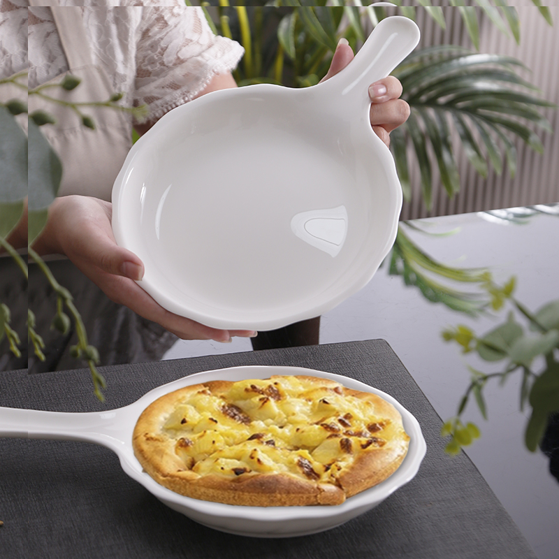 骨瓷纯白披萨盘家用手柄盘陶瓷意面西餐盘微波烤盘沙拉盘烘培模具