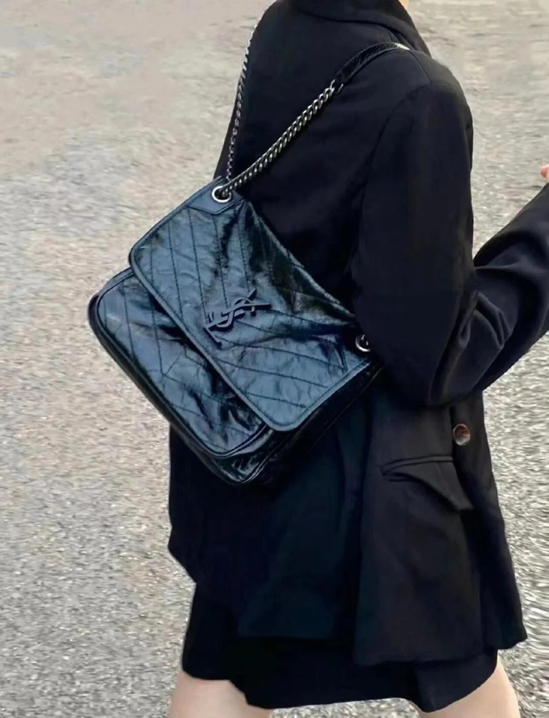 99新 YSL/圣罗兰 ysl niki中号黑银带d扣/甄选