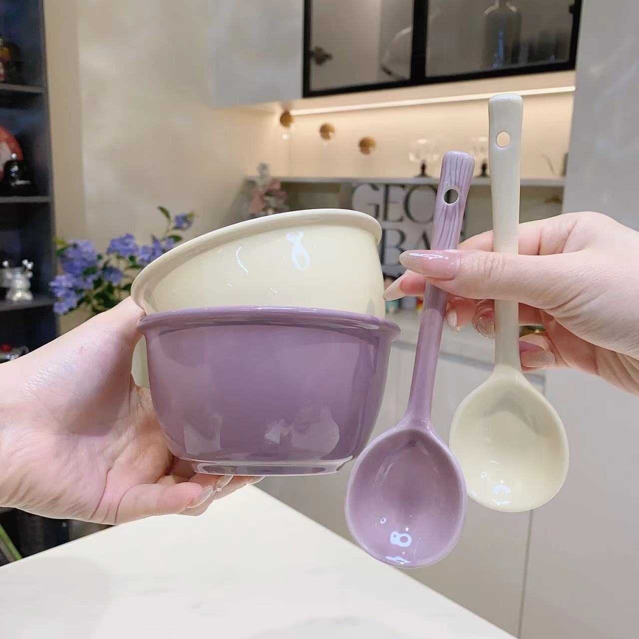 2碗2勺奶油风学生陶瓷碗紫色奶黄家用米饭碗少女心饭碗可爱餐具