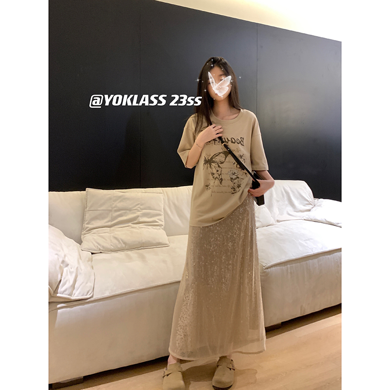 YOKLASS少女家 网纱亮片半身裙中长款开叉裙子 B01768S32