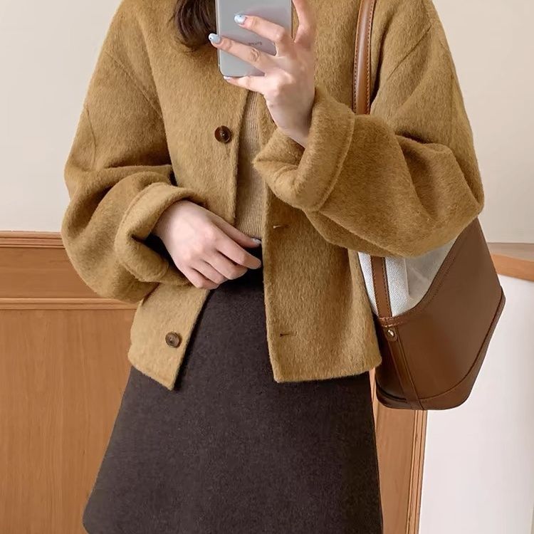 2025圆领短款双面羊毛大衣女冬季韩版宽松气质小香风毛呢外套