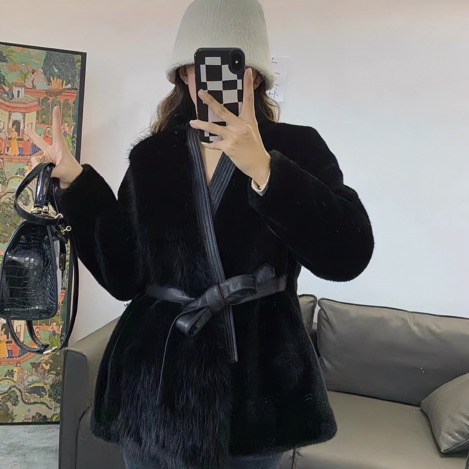 秋冬高端显瘦黑色气质腰带款大毛保暖毛毛外套女百搭