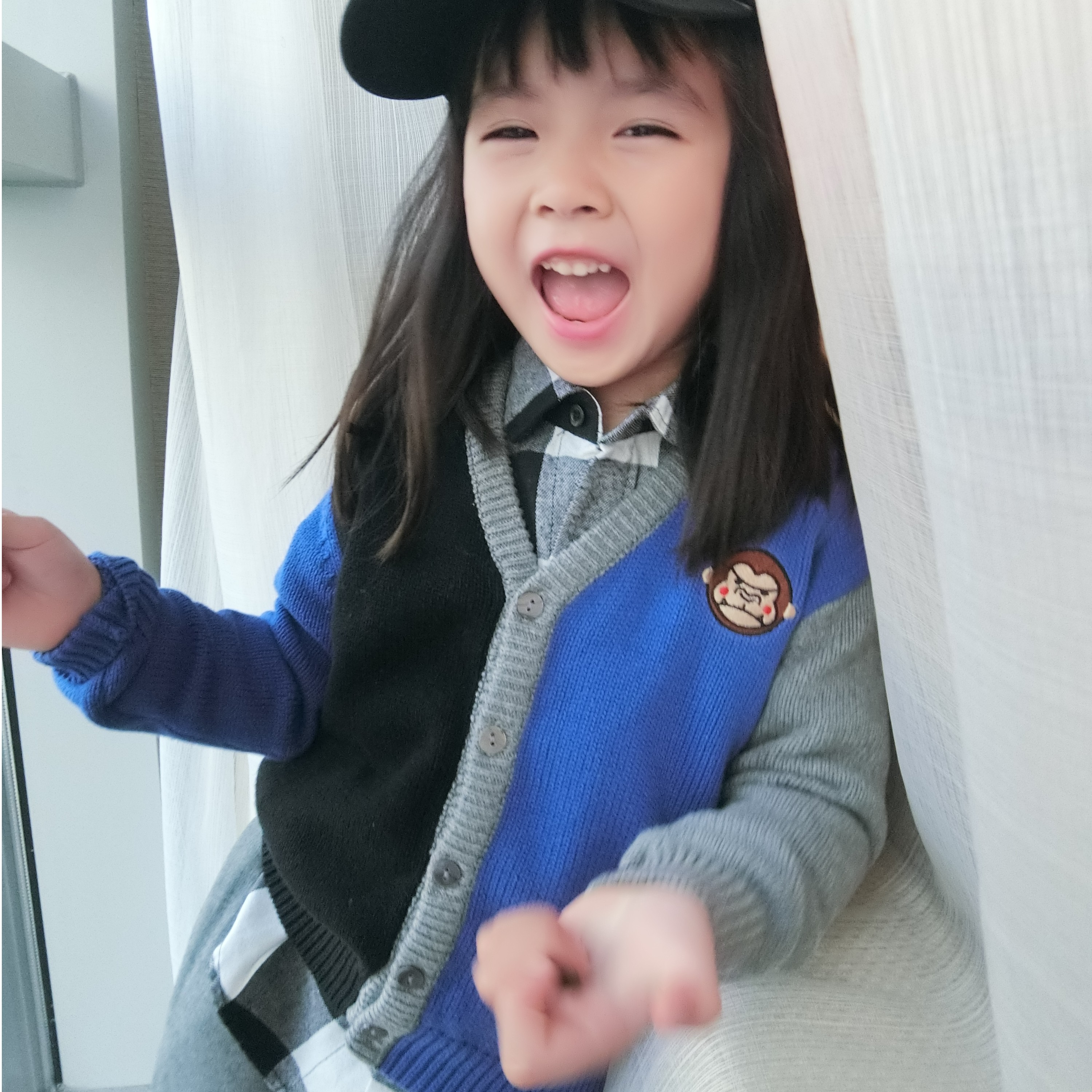 ◆芝麻家◆猩猩撞色蓝灰拼接纯棉纱针织男女儿童秋季针织开衫