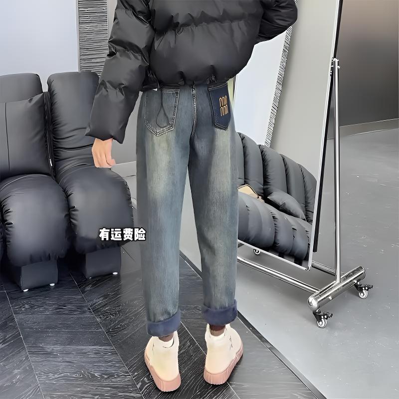 2025年秋季新款显瘦哈伦牛仔裤女大码梨形身材高腰百搭萝卜老爹裤