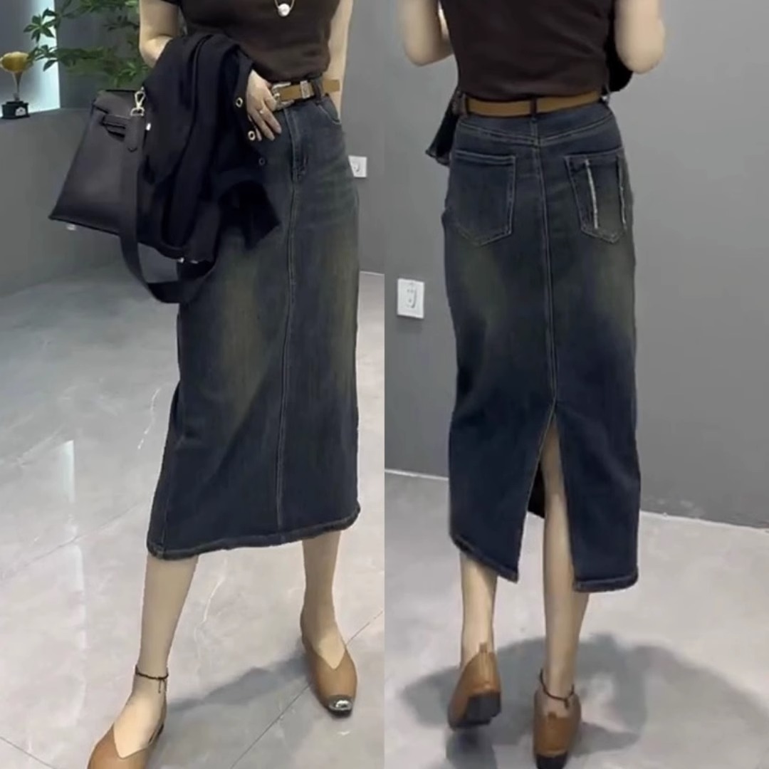 2025年秋季爆款大码复古开叉牛仔半身裙女胖mm显瘦百搭高腰包臀裙