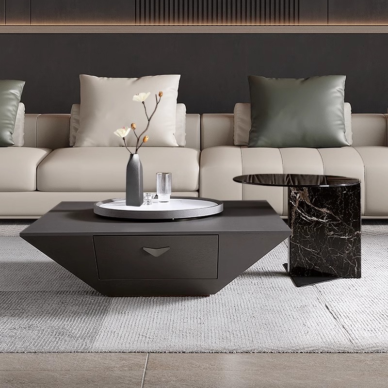 意式极简茶几方形带转盘钢化玻璃悬浮侘寂风网红款倒三角艺术茶几