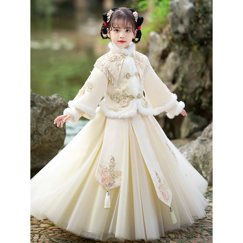 巴拉巴拉恩汉服女童秋冬季2023新款加绒加厚古装唐装儿童古风冬款