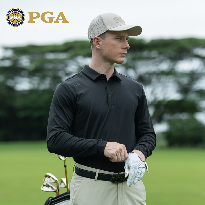 美国PGA 高尔夫服装男长袖T恤 春夏运动球衣 透气孔洞 polo衫男装