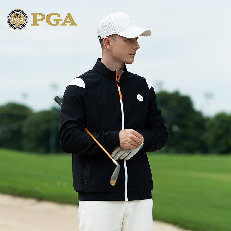 美国PGA 高尔夫服装男士秋冬季保暖运动外套 拉链立领拼色设计