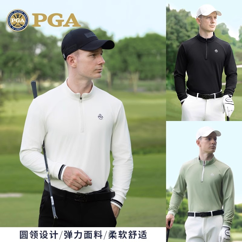 美国PGA 高尔夫男士长袖T恤秋冬季运动上衣保暖柔软弹力POLO衫