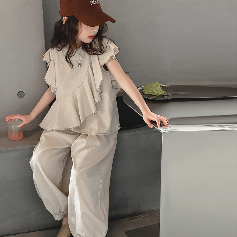 女童夏季棉麻荷叶边无袖薄款套装中大童初中生女孩韩版儿童夏装潮