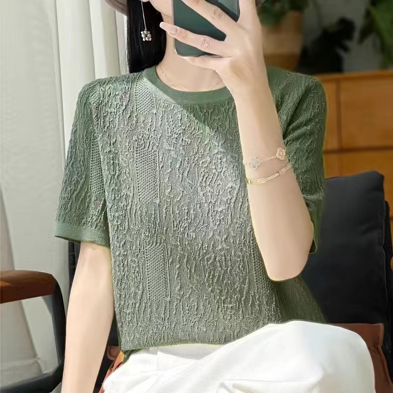 夏季新款立体浮雕曲珠冰丝圆领针织短袖气质上衣百搭纯色宽松T恤