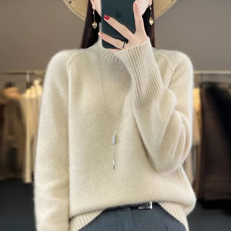 王菲同款轻奢100%纯羊毛衫女高翻领宽松百搭保暖加厚韩版针织打底