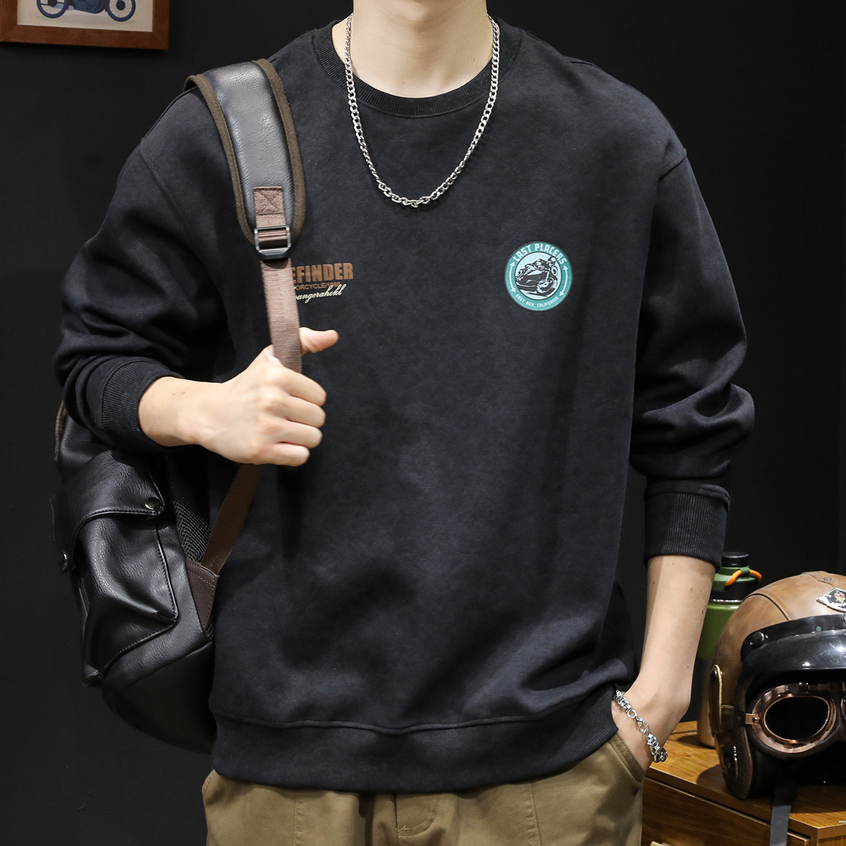 潮牌卫衣男士春秋款圆领男款2023新款长袖大码黑色百搭秋季男上衣