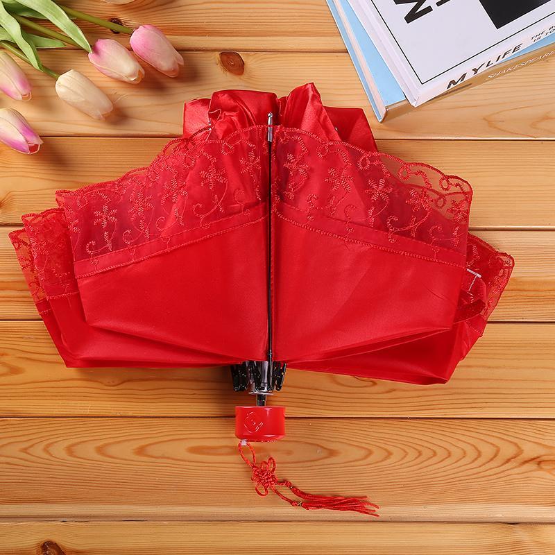 婚庆结婚用品新娘陪嫁红伞遮阳伞红蕾丝花边折叠防紫外线红伞