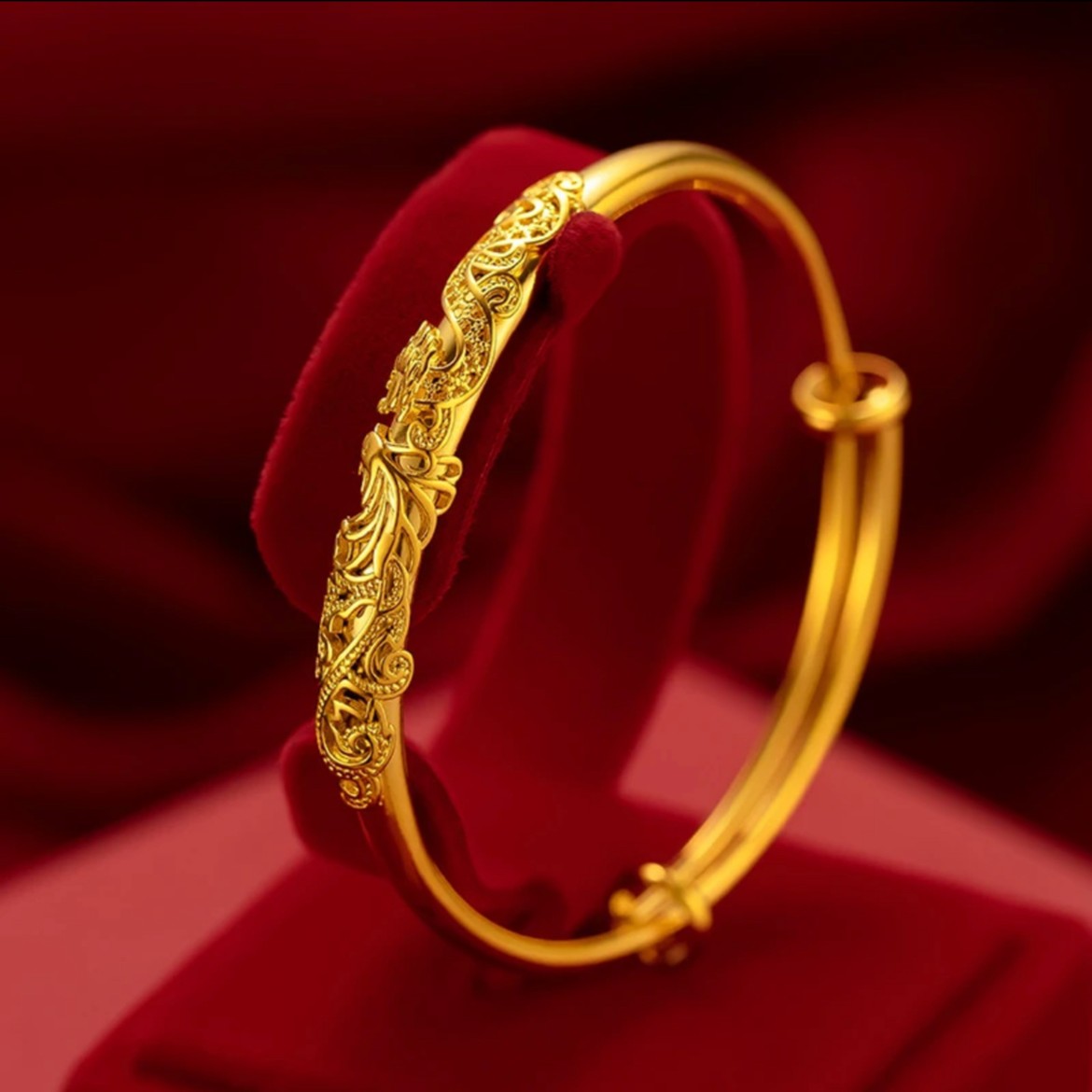 钛钢手镯 民族风不掉色繁花龙凤呈祥手镯女款可推拉调节气质百搭