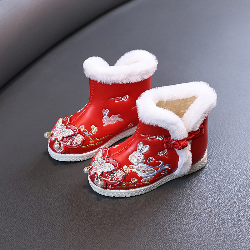 女童绣花鞋儿童汉服鞋中国风儿童雪地靴防滑古装公主棉鞋拜年鞋子