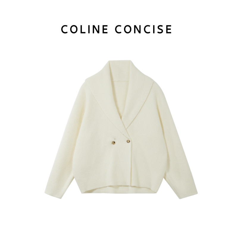 COLINE CONCISE极简宽松弧形青果领羊毛针织毛衣外套