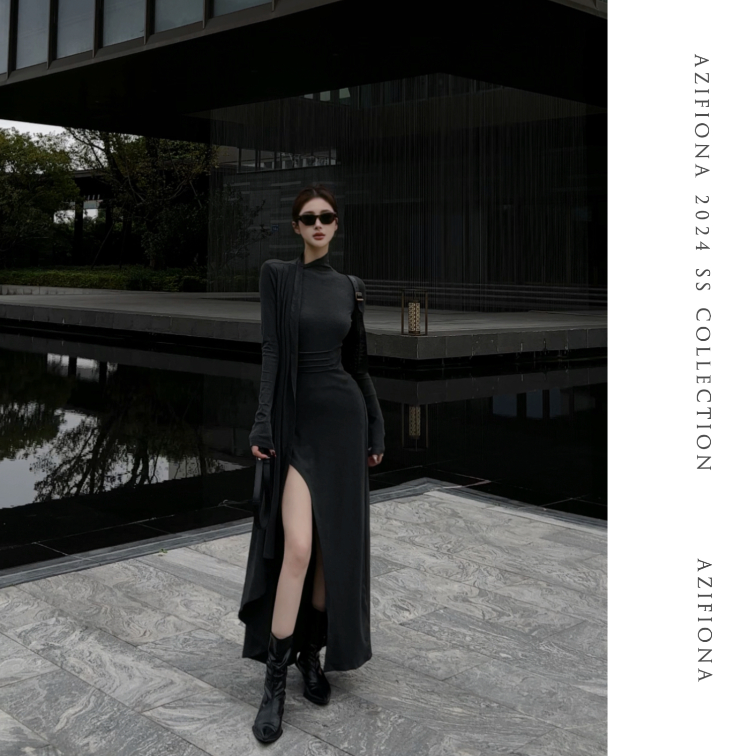 欧美风半高领长袖连衣裙女内搭秋季配大衣个性显瘦收腰开叉长裙