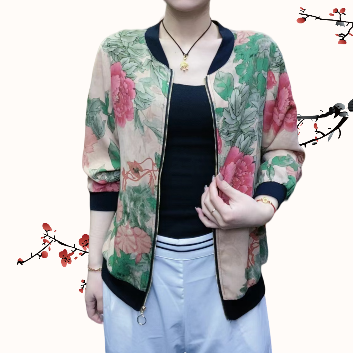 【山桃红】复古国风轻薄时尚休闲百搭女士夏季透气薄款印花妈妈装