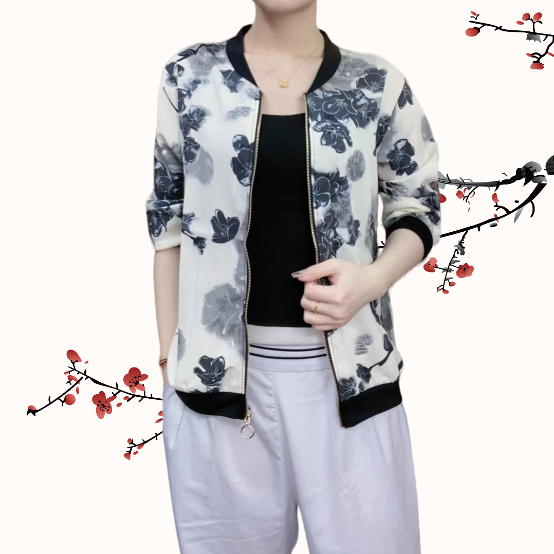 【灰蝶】新款时尚百搭透气薄款女士休闲洋气国风复古印花长袖轻薄