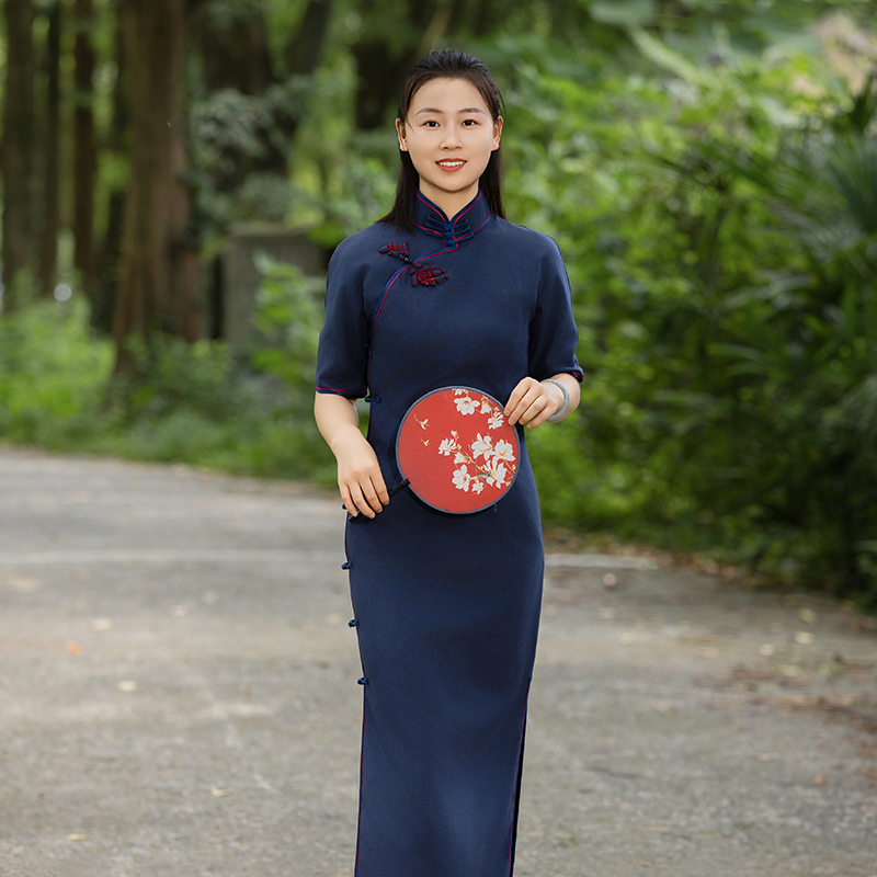 【云芊阁】原创民国风气质优雅复古修身蓝色时尚日常款中国风旗袍