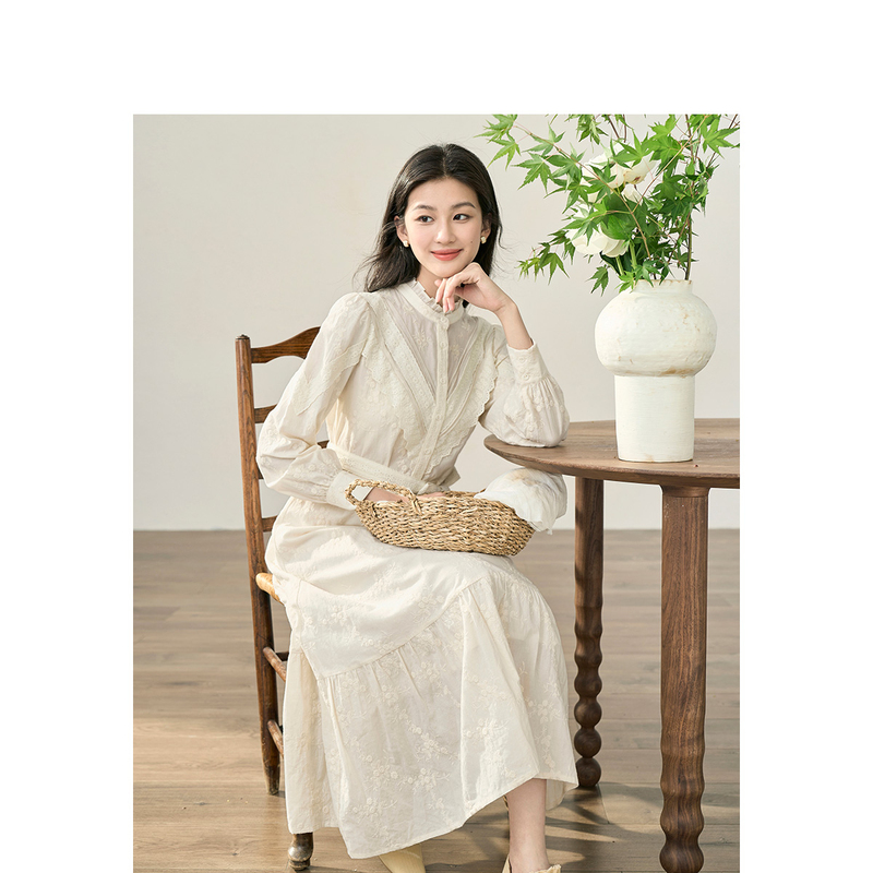 【雅丹风】茵曼春秋女连衣裙裙子长裙长袖蕾丝新款休闲宽松时尚收腰