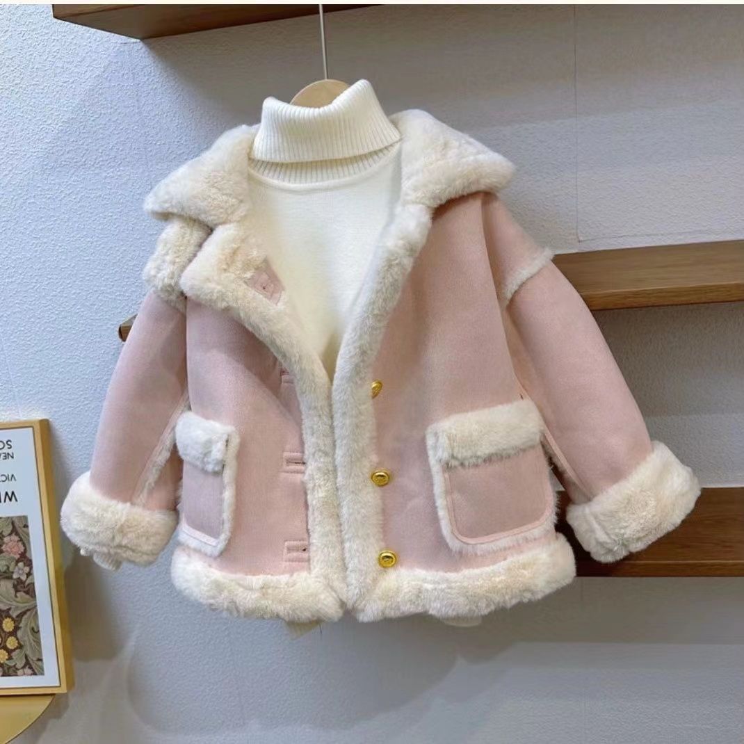 女童皮毛一体外套秋冬款大童韩版洋气大衣女宝宝冬季加厚上衣女孩